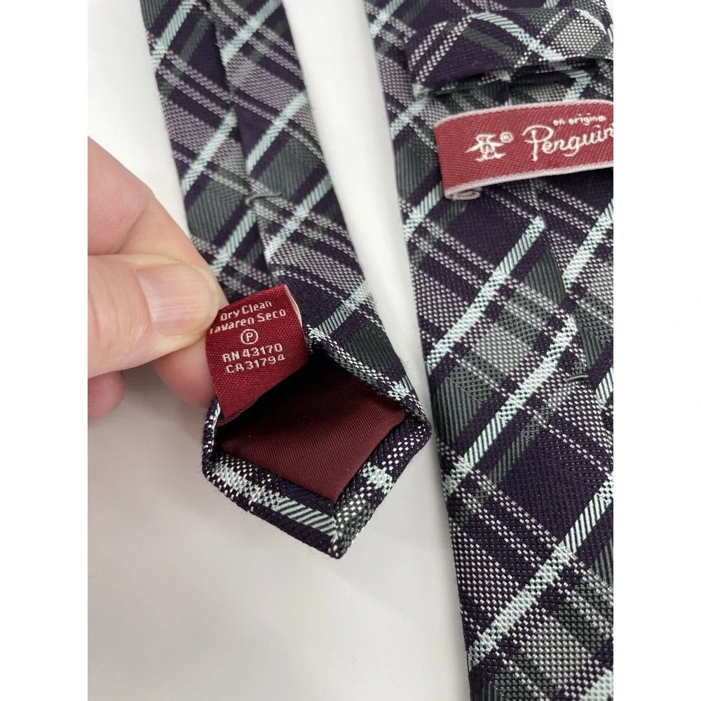 Penguin Black Purple Plaid Tie Silk Wool Blend Narrow Skinny Necktie Vtg 2.75